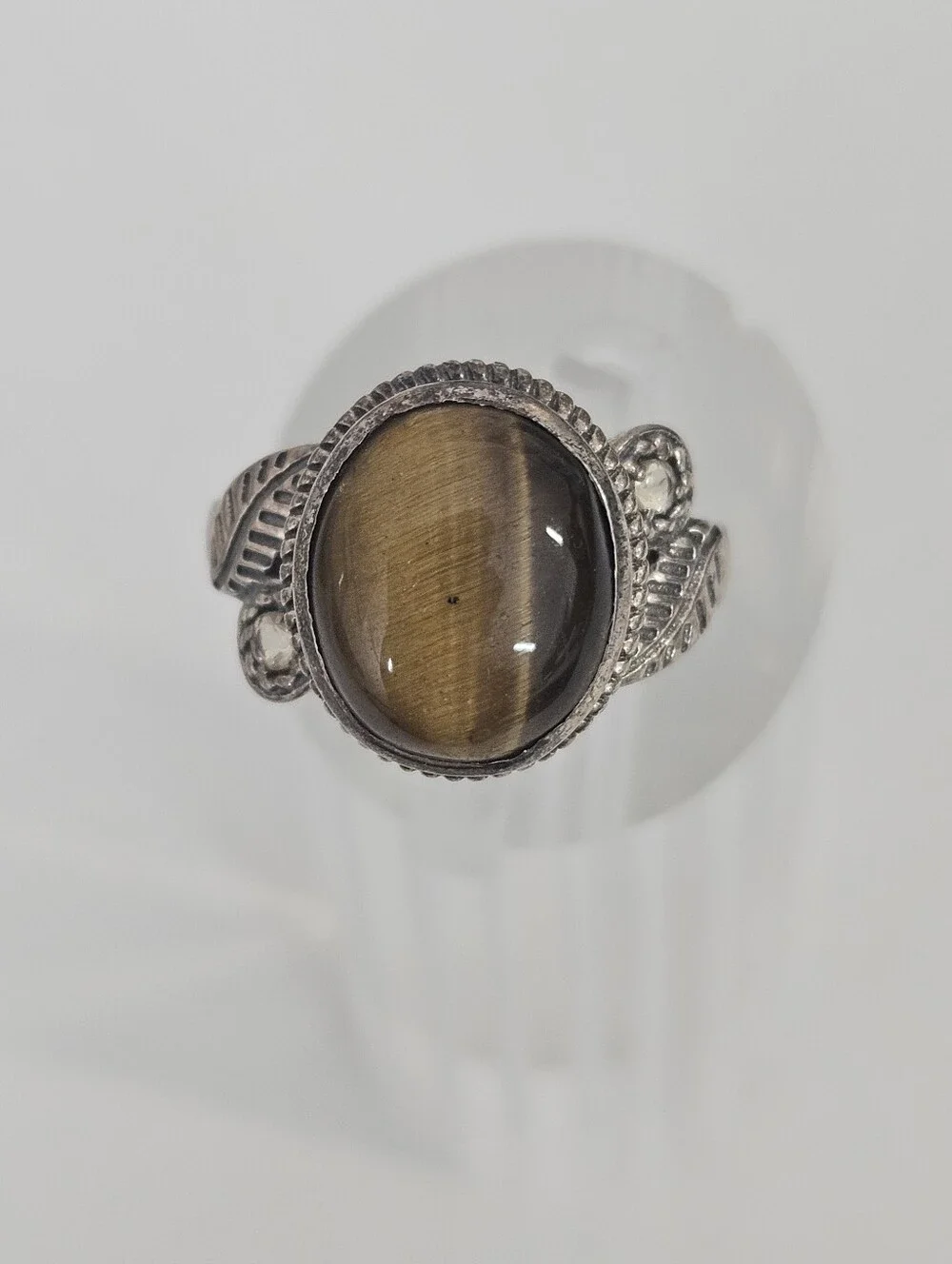 925 Tiger's Eye Gemstone Sterling Silver Leaf Detail Quartz Accent Ring Size 7